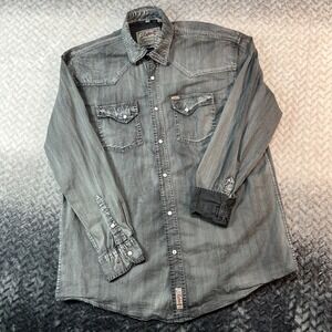 Rafter C Shirt Mens L Faded Gray Chambray Denim Western Pearl Snap Long Slv